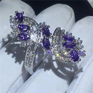 Wedding Rings Luxury Across Ring Purple Cz Stone 925 Sterling Silver Party Band For Women Valentine's Day Gifts