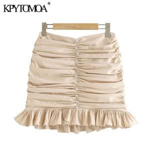 Kpytomoa Kobiety Chic Moda Aplikacje Ruffled Plised Mini Spódnica Vintage Wysoka Talia Powrót Zipper Kobiet Spódnice Mujer 210629