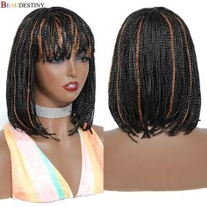Syntetyczne peruki krótkie bob perukę z grzywką szydełkową warkocz włosy plecione dla czarnych kobiet afrykańska brązowa czerwona sprzedaż