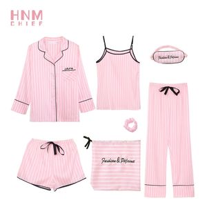 HNM Różowy Stripe Druku Piżamy Zestaw Jedwabnych Satyny Homewear Damskie 7 sztuk Siek Ustawia Piżama Kobiety Wiosna Lato Jesień 210809