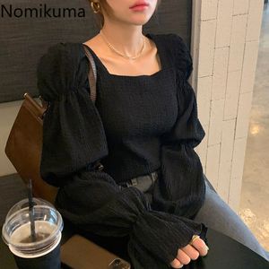 Nomikuma Frauen Blusen Herbst Neue Feste Koreanische Chic Square Kragen Puff Sleeve Shirts Tops Femme Mode Lässig Dame Blusa 3d121 210225