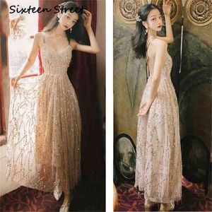 Summer Maxi Sequins Embroidery Long Women Dress Strapless Femele V-neck Sleeveless Backless Evening Party Sexy 210603