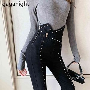 Primavera Outono Moda Sólida Black Skinny Cintura Cintura Lápis Mulheres Zipper Comprimento Completo Slim Ladies Jeans 210601
