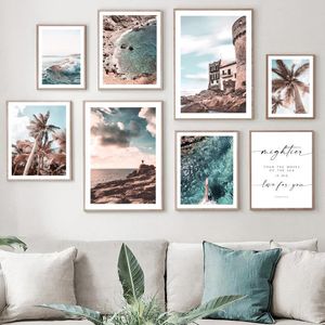 Wholesale tropical living room decor for sale - Group buy Paintings Tropical Beach Sea Waves Ship Palm Quotes Wall Art Canvas Painting Nordic Posters And Prints Pictures For Living Room Decor
