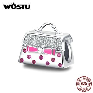WOSTU Fashion 925 Sterling Silver Hand Bag Beads Pink Zircon Bowknot Charms Fit Bracciale originale Ciondolo Ragazze Gioielli CQC1391 Q0531