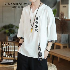 エスニック服日本の着物夏 Tシャツメンズカジュアルルーズ薄手原宿ファッション刺繍プリントトップ
