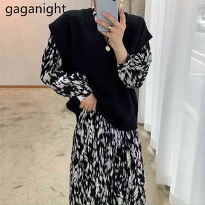 Vintage Frauen Zwei Stücke Leopard Langarm Maxi Kleid Chic Koreanische Gestrickte Lose Weste Dame Anzug Mode 2 Set 210601