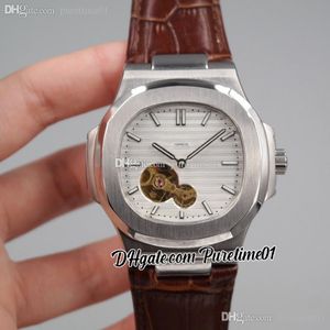 2022 5711 Tourbillon Automatic Mens Watch Steel Case White Textured Dial Stick Markers Brown Leather Strap 8 Styles Watches Puretime01 E20LT-d4