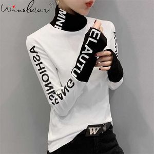 Fall Winter European Clothes Tshirt Chic Patchwork Letter Thick Broshed Long Sleeve Brushed Cotton Tops Tees T00514A 211110