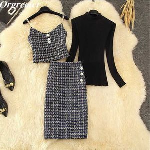 Fall Winter Diamond Button Tweed 2 Piece Set Female High Quality Chain Vest Crop Top Long Skirts Black Sweater Suits 211109