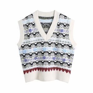 Maglioni jacquard animali da donna vintage gilet moda donna scollo a V top in maglia elegante pullover floreale chic femminile 210527