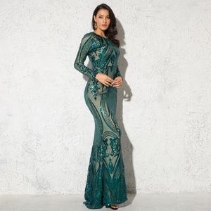 Lässige Kleider Herbst Pailletten Maxikleid Vollärmeliges O-Ausschnitt Stretch Eimpire Ballkleid Abendparty Grün Burgund Reißverschluss