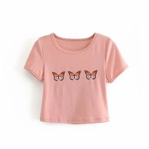 Mulheres Moda Animal Impresso Curto 100% Algodão camisetas Casuais Meninas Esticão O-pescoço Superfit de Verão 210531
