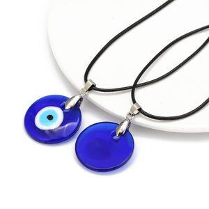 30mm Evil-Eye Pendant Necklace Blue Eyes Glass Leather Rope Chain/Stainless Steel Turkish Lucky Necklace and Blue Evil Eye Bracelet Set for