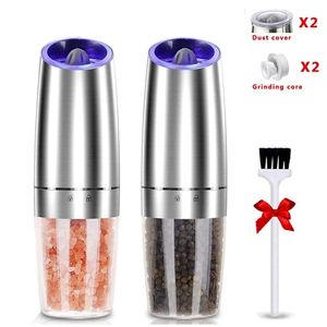 Stainless Steel Pepper Mill Electric Gravity Salt and Grinder Shaker Automatic Kitchen Tools Spice Mills with LED Light 210712