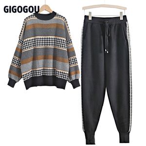 GIGOGOU Pied de poule in maglia 2 pezzi Set Tute Autunno Inverno Maglione donna oversize + Pantaloni Harem carota Color Block Tuta sportiva 210709