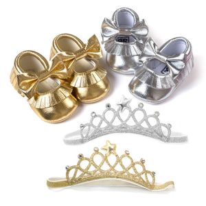 First Walkers Christening Baptism Cute Crib Po Props Baby Girl Silver Gold Shoes Toddler Moccasins Set Headband Kids