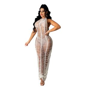 Kvinnor sexig avslappnad maxi klänningar stickad mesh hochet hollow out bodycon party beach cover up klänning