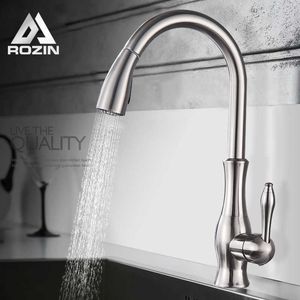 Rozin Brushed Nickel Kitchen Faucet Pull Out Kitchen Mixer Tap Single Handle Stream Sprayer Kitchen Spout Cold Water Tap 210724