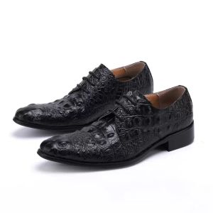 High Quality Men Genuine Leather Crocodile Pattern Shoes Formal Dress Classic Pointed Mens Black Wedding Lace Up Oxford Shoes