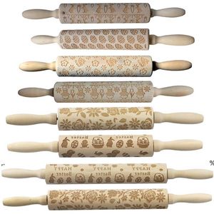 NewEaster Embossed Rolling Pin Engraved Carved Wood Baking Cookies Biscuit Fondant Cake Dough Roller Flower Easter Rabbit Egg EWA3590