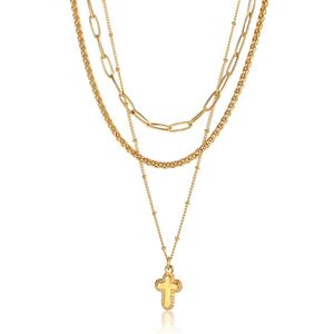 Chains Women Necklace Stack Set Layered Gold Color Stainless Steel Paperclip Wheat Satellite Link Chain 3pcs Tiny Cross Charm LDN253