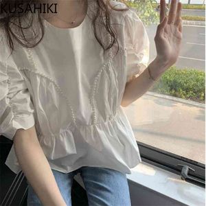 Womens Top Korean Beads Patchwork Sweet Doll Shirt Summer Puff Sleeve O-neck Blusas Mujer De Moda Verano 6J317 210603