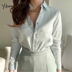 Yitimuceng Casual Blouse Woman Button Up Tops Korean Fashion Long Sleeve Office Lady simple Sky Blue Shirt Spring Summer 210601