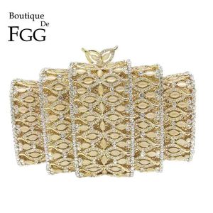 Boutique De FGG Gold Crystal Women Evening Bags Hollow Out Stones Beaded Wedding Clutch Bridal Diamond Minaudiere Purse 210823