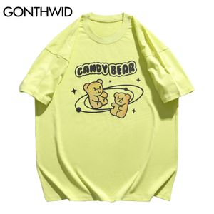 Gonthwid Tişörtleri Harajuku Yansıtıcı Şeker Ayı Kısa Kollu Tees Gömlek Streetwear Hip Hop Moda Erkekler Rahat Pamuk Gevşek Tops C0315
