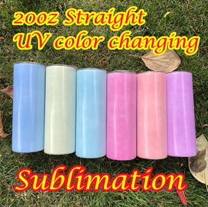 20 Unzen gerade Sublimations-UV-Farbwechselbecher, 6 Farben, Rohlinge, schmale Becher, doppelwandige, isolierte Reiseflaschen aus Edelstahl