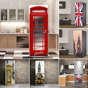 ロンドンのパターンデザインの自己接着性ビニール冷蔵庫のドアのステッカーの大きな壁画のカバーのためのキッチン家具の装飾210308