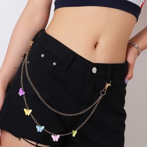 Kpop punk hip-hop na moda camada dupla borboleta simples chave de ouro cor de ouro cadeia cintura calças cadeia longa roupa de metal acessórios