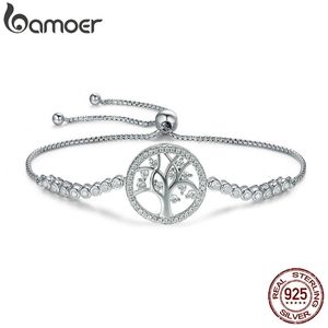 BAMOER 100% 925 Sterling Tree of Life Tennis Women Adjustable Link Chain Bracelet Silver Jewelry SCB035