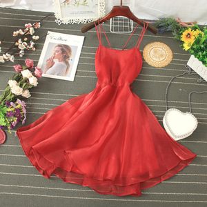 Elegant Vestidos Woherb Solid Sweet Korean Chic Spaghetti Strap Mesh Gauze Dress A-line Beach Dresses 2021 Summer Robe Femme C0304