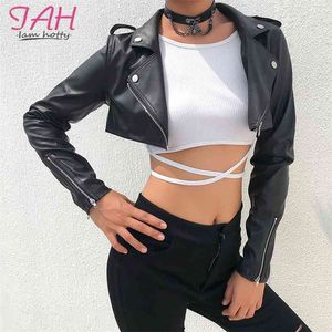 Iamty Black PU Leather Crop Jacket Street Wear Punk Style Womens Coats Long Sleeve Turn-Down Zipper Short Jacket Fashion 210722