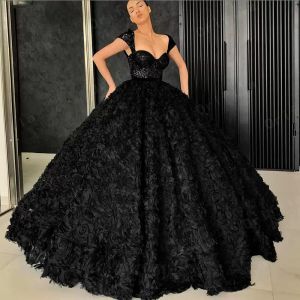 Prom Dresses Black Straps Sparkly Sequins Floral Ballgown Ruched Pleats Custom Made Evening Party Gowns Plus Size Vestidos Formal Ocn Wear