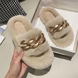 Winter Chic Golden Chain Decor Ladies Fur Slippers Bedroom Thick Bottom Women Platform Shoes Home Fluffy Girls Slides Y1120