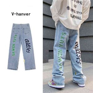 V-hanver Nya hiphop-bokstavstryck jeans f￶r m￤n high street bl￥ svart homme l￶sa raka hj￤rtan byxor moto trouse 0309