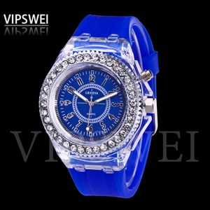 Luminous Diamond Watch USA Fashion Trend Men Woman Watches Lover Color LED Light Jelly Silicone Geneva Transparent Student Wristwatch Co 3301