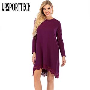 Sexy Kobiety Sukienka Wiosna Jesień Elegancki Z Długim Rękawem Koronki Hem Luźna Oversized T Shirt Sukienka z kieszeniami Plus Rozmiar Kobiety Sukienki 210528