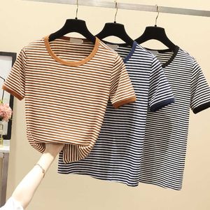 Make firm offers retro bump color stripe T-shirt female summer close skin chic render unlined upper garment short sleeve blo 210604