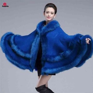 Europisz Moda Double Fur Coat Cape Z Kapturem Kaszmirowy Cloak Cardigan Outwear Plus Size Kobiety Winter Szal 1,1 kg 210925