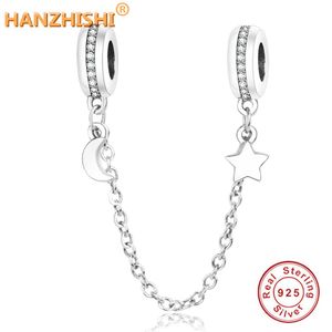 Authentic 925 Sterling Silver Moon Star Dangle Safety Chain Charm Beads Fits Original Pandora Charm Bracelet DIY Jewelry Making Q0531