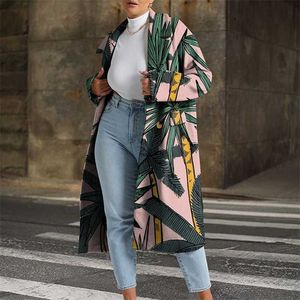 Elegant Pattern Printed Women Long Cardigan Fashion Turn-down Collar Button Top Outerwear Autumn Winter Loose Warm Jacket Coats 211019