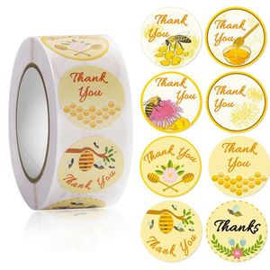 Prezent Wrap 500 sztuk Pszczoła Miodowa Dziękujemy Naklejki Decor Dziękczynienia Day Circle Roll Seal Etykieta Chrome Paper Wedding Small Business Tag