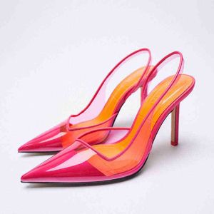 Sandaler Kvinnor Skor Designer Sexig Pethed High Heels Fashion Transparent Color Matcjing Rose Red Thin Heeled Sandals 220311