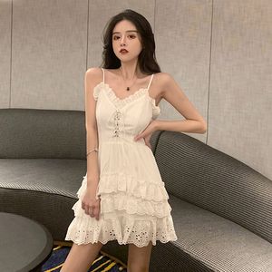 Women Summer casual slip dress bottoming skirt French retro style cake dresses lady temperament lace-up sexy offshoulder pure color Spaghetti strap underdress