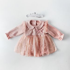 Spring Autumn Baby Dress Rompers Star Print Mesh Long Sleeve Ruffed Dresses Bodysuit Romper Jumpsuits Crown Headband Toddler Infant Clothes M3920