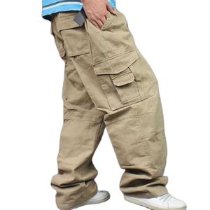 Taglie forti Pantaloni cargo larghi larghi Uomo Casual in cotone all'aperto con tasca grande Pantaloni a gamba larga dritti Abiti maschili 210715